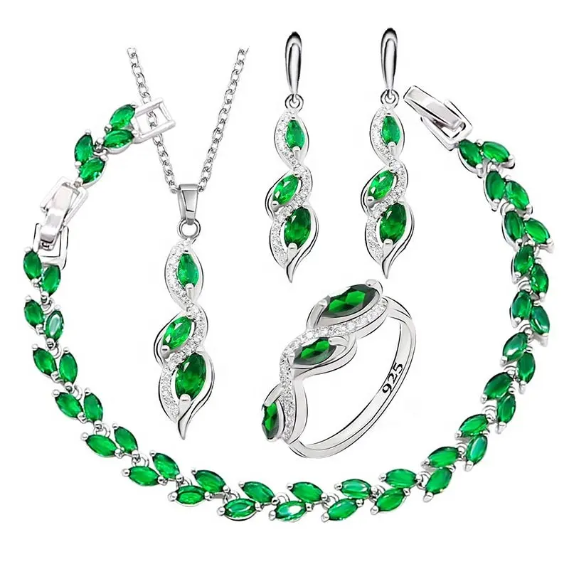 Grün Smaragd Weiß Vergoldet Schmuck Set für Frauen Armband Ohrringe Ring Halskette Anhänger
