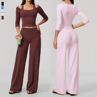 SHINBENE Atasan Yoga Tanpa Lengan Setengah Bahu Celana Fitness Lebar Longgar 2pcs Set Pakaian Olahraga Kasual Model Drape