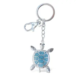 Lilangda Silver 3D Sparkling Charm Rhinestones Fashionable Stylish Metal Alloy Durable Key Ring Bling Blue Sea Turtle Keychain