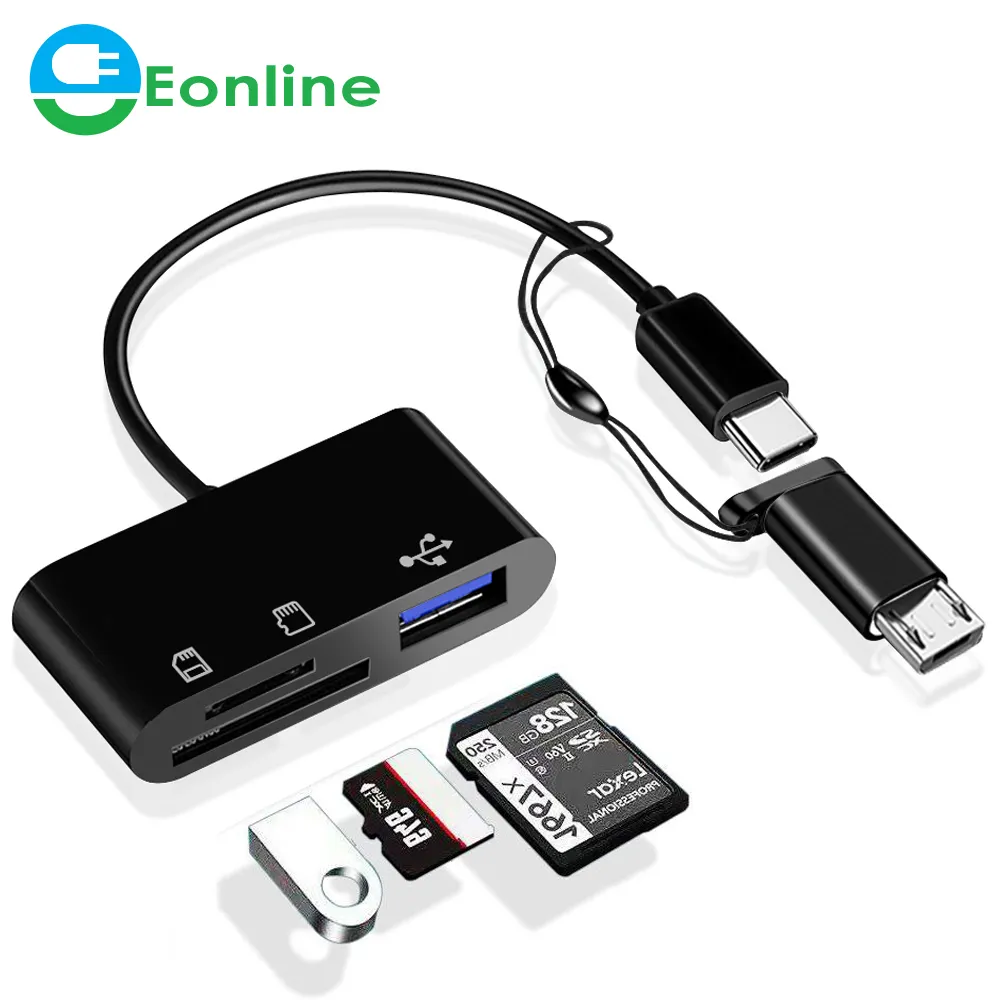 Eonline Usb Type C Micro Usb Cardreader Sd Memory Kaartlezer U Disk Otg Adapter Kabel Spliter Voor Mobiele Telefoon laptop Converter