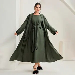 Women Abaya 2 Piece Set Cheap Modest Sets Abaya Dress With Solid Belted