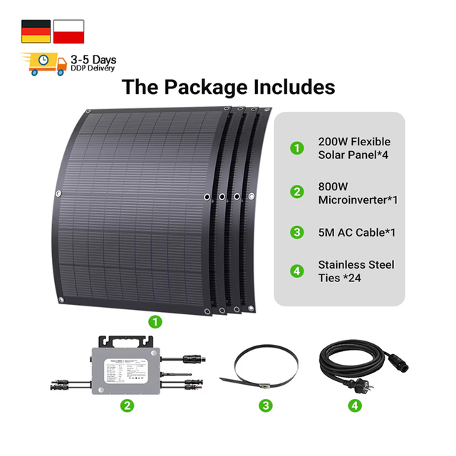 EU Stock Balcony Solar Kit 4pcs 200W Flexible Solar Panel 800w Micro Inverter Diy Car Boat Home Photovoltaic System