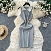 Robe midi moulante décontractée en tricot pour femmes, sans manches, avec col contrastant et fermeture éclair, pour un usage quotidien