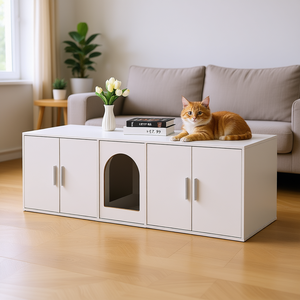 White 57.9 In <b>Wooden</b> <b>Cat</b> <b>Litter</b> <b>Box</b> Hidden Enclosure Rectangle Furniture For Pet Cleaning - Product Image 2