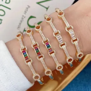 Luxury Colorful Zircon Crystal Bracelets Open Cuff Bangle Gold Pleated Brass Fashion Jewelry Bracelets & Bangles