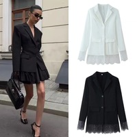 Nouveau Blazer Printemps 2026 en Gros pour Femme avec Bordure en Dentelle, Revers Cranté, Double Boutonnage, Poches à Rabat, Élégant, Polyvalent, Coupe Ajustée, Blanc et Noir