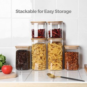 Contenitore ermetico quadrato in vetro con coperchio in bambù contenitore trasparente per alimenti contenitore per dispensa da cucina - Product Image 3