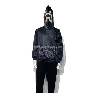Wholesale custom high quality design shark panda all over print full face zip up men thin panel hoodie