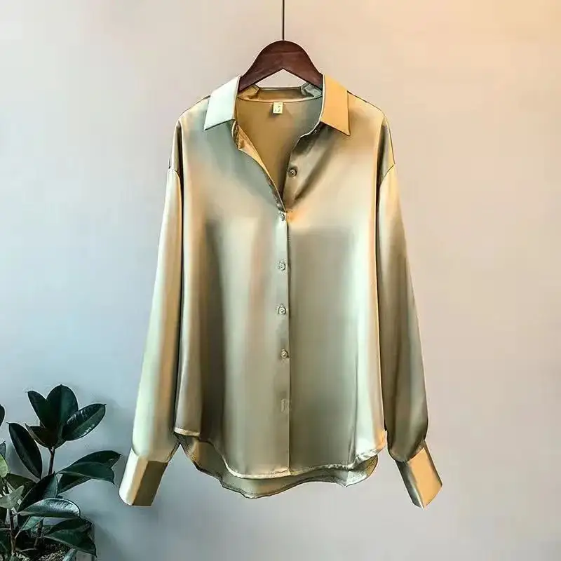 Femmes Style Vintage Satin Blouse À Manches Longues Col En V Bouton Tops Plissé Sergé Imprimé Logo Casual Bureau Travail Chemise Printemps"