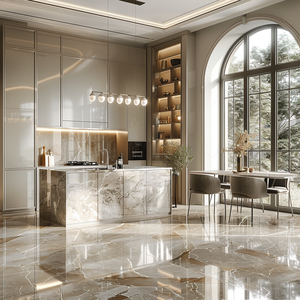 Gabinetes <span class=keywords><strong>de</strong></span> Cocina Europeos <span class=keywords><strong>de</strong></span> Lujo Ligero en Color Marfil Dorado, Juego <span class=keywords><strong>de</strong></span> Gabinetes Shaker con <span class=keywords><strong>Isla</strong></span> <span class=keywords><strong>de</strong></span> Mármol y Vitrina <span class=keywords><strong>de</strong></span> Vidrio - Product Image 1