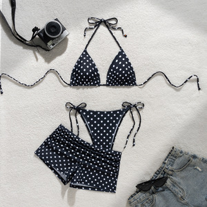 Ensemble bikini 3 pièces à pois pour femmes, haut de bikini triangulaire à nouer sur le côté, bas de bikini avec short froncé, maillot de bain de plage - Product Image 4