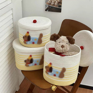 Woven Cotton Storage <b>Basket</b> With Lid Round Handmade For Household Organization Large Capacity 100% Cotton - Product Image 2