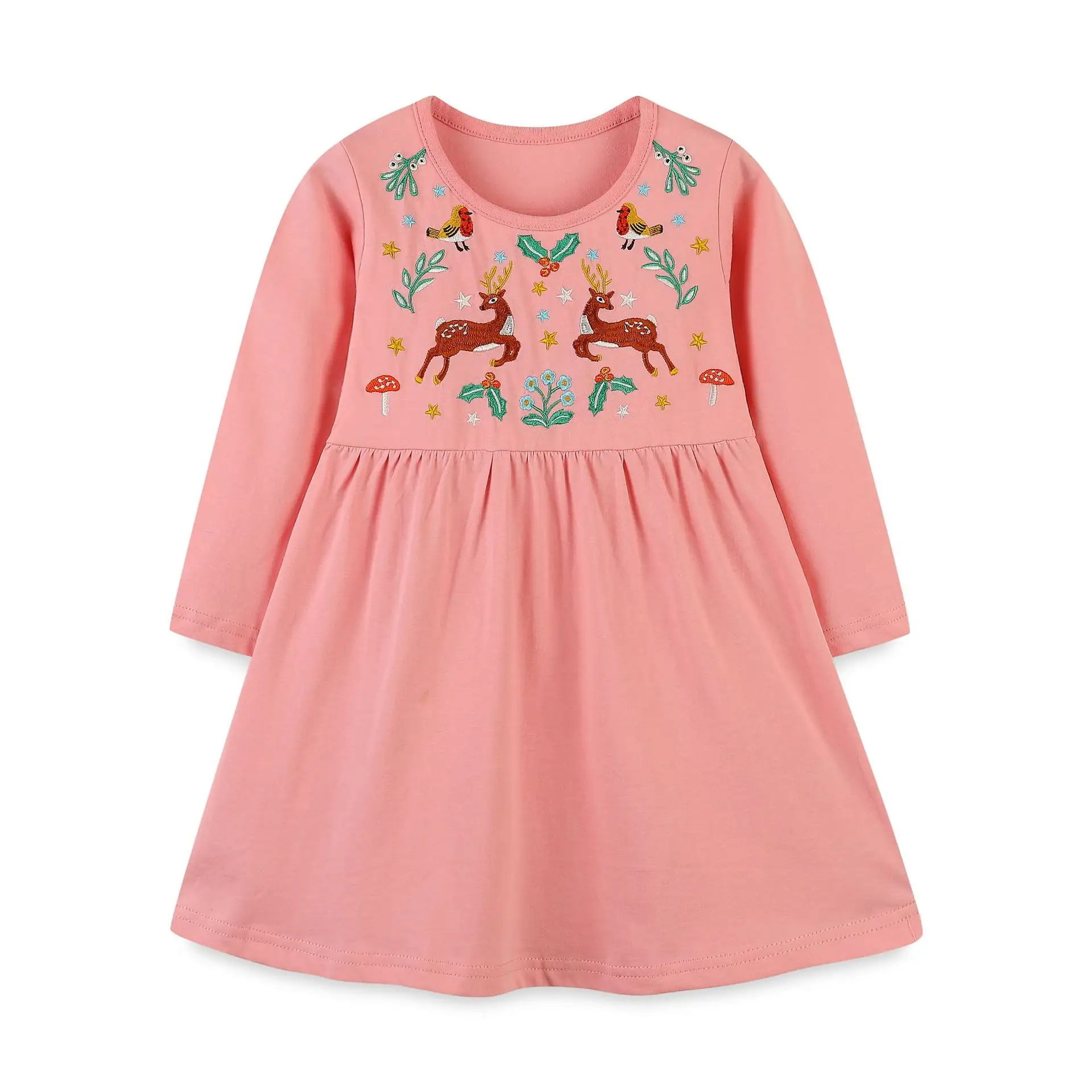FuYu Top Fashion Little Girls Sweet Cute Long Sleeves Embroidery Animal Pattern Cotton O-Neck Princess Dress