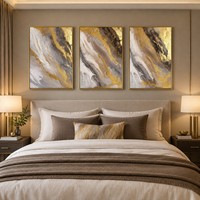 Peinture murale abstraite moderne en acrylique peinte à la main sur toile, or et gris, encadrée, pour salon, chambre et bureau de luxe