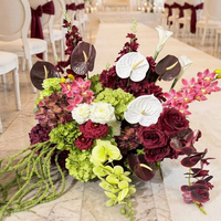 Rangkaian Bunga Pernikahan Mewah Burgundy Putih Hijau, Bunga Hydrangea Mawar Buatan Warna Burgundy untuk Dekorasi Acara