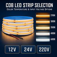 Bande LED COB 3000K, Bande LED COB 6000K, Bande LED COB en aluminium flexible Dupont, Lumière 12V 3000K haute densité, Lumière 24V