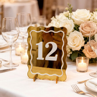 Numéros de table de mariage modernes et écologiques en forme de vague, personnalisés, en acrylique blanc et or miroir, pour réceptions et événements