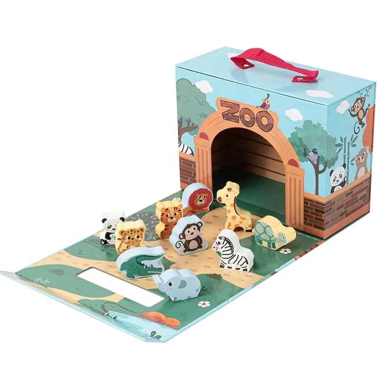 新しくて面白い都市動物園農場のテーマ紙箱ブロックセット木製おもちゃ