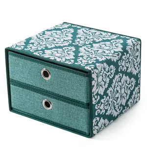 多尺寸印花织物折叠书桌收纳盒2层可折叠收纳盒带把手可折叠抽屉收纳盒
