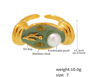 Bague en émail perlé à <span class=keywords><strong>relief</strong></span> ouvert avec perle baroque, série de <span class=keywords><strong>peinture</strong></span> à l'huile sur émail perlé - Product Image 6