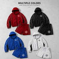 Ensemble court pour homme en nylon rouge, coupe-vent à capuche zippé avec passepoil contrastant et short de survêtement imprimé graphique, vente en gros personnalisée