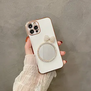 Make-Up Gespiegelde Telefoon Hoesje Fundas De Lujo Para Voor Iphone 13 14 12 Pro Max Vlinder Diamanten Bling Hoesjes Voor Dames Meisjes