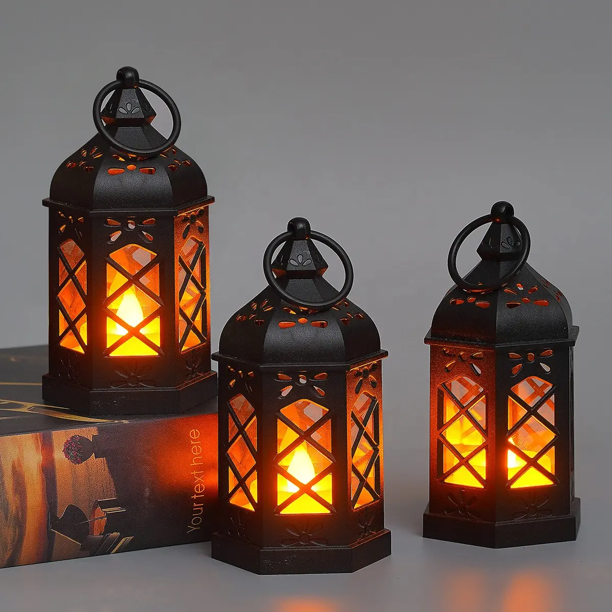Halloween LED Vintage Glowing Hexagonal Hanging Lanterns Electric Candle Lights Handle halloween Lights