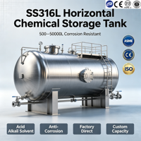 Tanque de Almacenamiento de Ácido Horizontal SS316L de 500-30000L, Resistente a la Corrosión, para Líquidos Químicos, Fabricante con Certificación ASME y CE