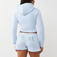 Ensemble de survêtement deux pièces Y2K pour femme : sweat à capuche court zippé et short, orné de strass, personnalisable OEM, tenue décontractée d'été