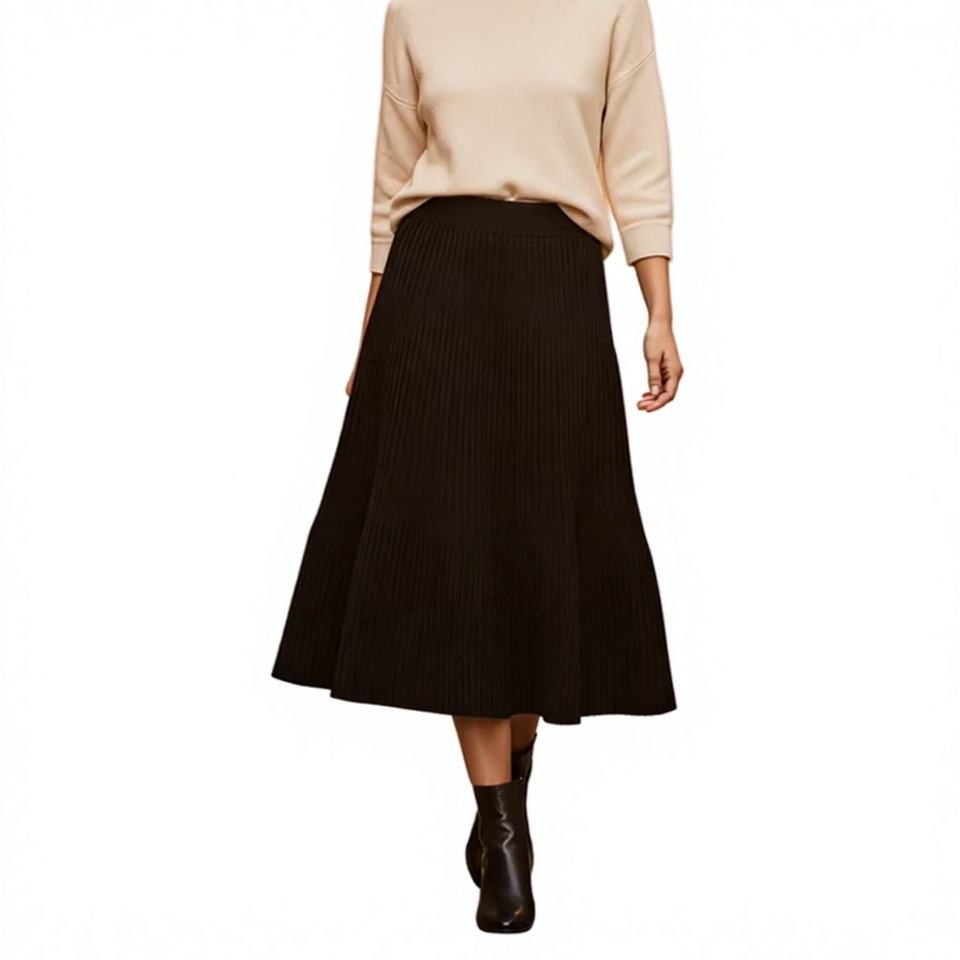 Women Wool Blend Pleated Knee-Length Natural Waist A-Line Knit Swing ...