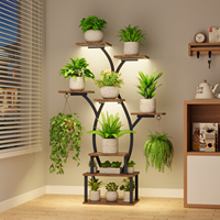 Support de plantes LED en forme de branche d'arbre avec chaîne suspendue pour fougères, présentoir haut en bois et métal à 8 pots, coin douillet pour salon