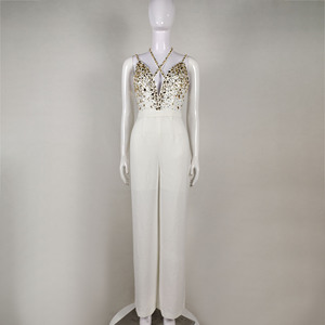 Traje de Mujer A7589, Escote Profundo en V, Tirantes, Color <span class=keywords><strong>Blanco</strong></span> Crema, <span class=keywords><strong>Lentejuelas</strong></span> Doradas, <span class=keywords><strong>Mono</strong></span> Elegante - Product Image 3