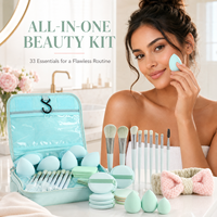 Logo personnalisé 33 pièces : Bandeau pour cheveux, Éponge de maquillage pour le visage, les yeux, le blush et la poudre, Trousse de maquillage verte, Ensemble de pinceaux de maquillage