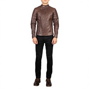 Men's <b>Brown</b> Genuine <b>Leather</b> Windproof Moto <b>Jacket</b> with Zipper Closure Slim Fit Design Front Logo - Product Image 5