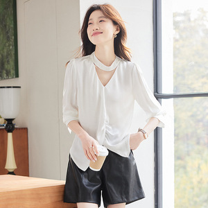 <b>White</b> Chiffon V-Neck Blouse With Halter <b>Lace</b> Up Design For Commuting Women's Shirt Q9953 - Product Image 1