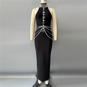 Robe longue noire à perles pour femme - Robe de soirée formelle ornée de cristaux et de perles, robes de fête tendance - Product Image 4