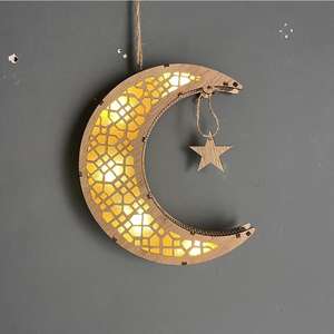 ウッドムーンランプ中空ラマダンテーブルセンターピースナイトライトハッピーイードムバラッククラフトホームルームアートデコレーション - Product Image 2