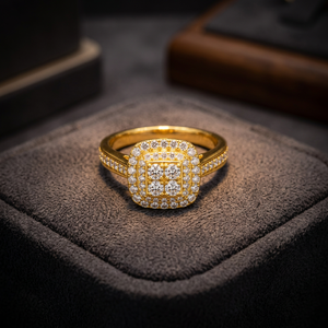 Anillo de compromiso para mujer Gourik SDR014 de latón chapado en oro con moissanita creada en laboratorio, diseño de racimo de doble fila con pavé, moderno, abril - Product Image 2