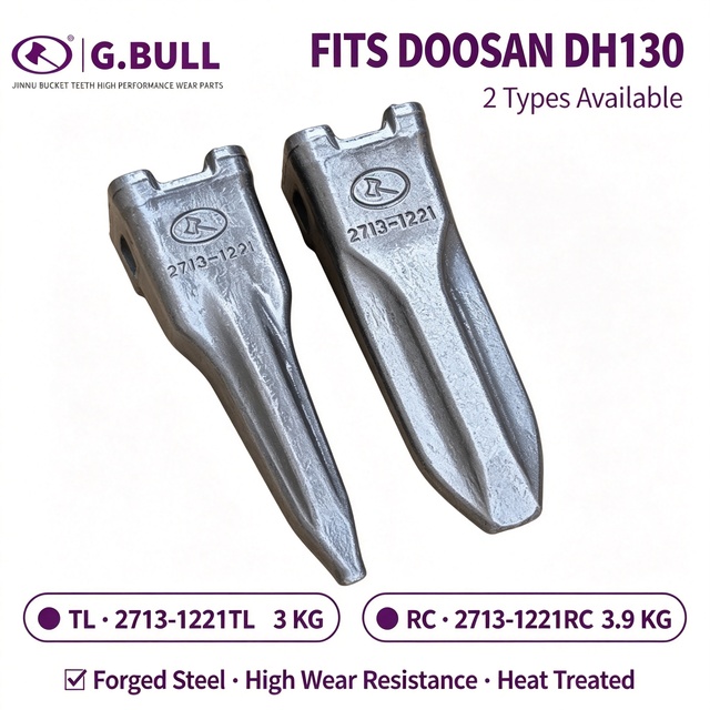 2713-1221RC 2713-1221TL Forged Bucket Teeth Fits Doosan DH130 Excavator, Rock & Tapered Chisel High Strength Tooth