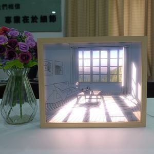 Ins Deco Muur Art Licht Schilderij Foto Nachtlampje Usb Aangedreven Dimmen Houten Fotolijst Led Oplaadbare Verlichting Schilderij - Product Image 1