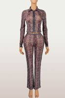 Nouvel ensemble 2 pièces pour femme : Blouse à fermeture éclair imprimé serpent et pantalon large, tenue d'automne avec crop top à manches longues