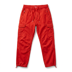 <b>Red</b> Men Summer <b>Cargo</b> <b>Trousers</b> Lightweight Breathable Polyester Cotton Mid Waist Zipper Fly Multi Pocket Casual Outdoor Wear - Product Image 1