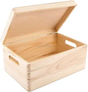 Caja de almacenamiento de recuerdo de vela de regalo, venta al por mayor, caja de madera rectangular sin terminar personalizada con mango de tapa con bisagras, caja de madera de pino