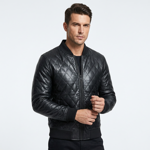 Chaqueta Bomber de Cuero Genuino Negro para Hombre, Abrigo de Piel de Vacuno Acolchado con Diamantes, Cuello Alto, Ribete de Punto Acanalado, Clásica Personalizada, Cálida para Invierno - Product Image 1