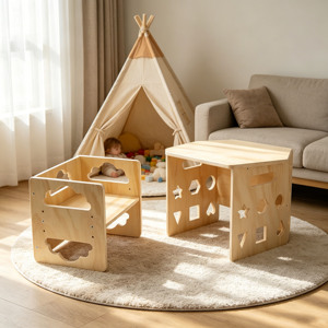 Ensemble de table et chaise Montessori pour enfants, table d'apprentissage sensorielle avec tableau noir, table et chaise en bois pour la diversification alimentaire - Product Image 2