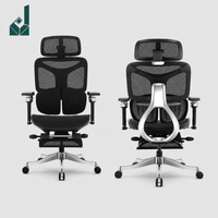 Chaise de bureau ergonomique moderne noire entièrement en maille, chaise de direction avec cadre en Y argenté et repose-pieds rétractable pour la sieste