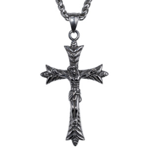 Collier pendentif croix de Jésus en acier inoxydable 3D texturé feuille gaufrée pour homme, style vintage gothique punk biker, bijoux audacieux - Product Image 1