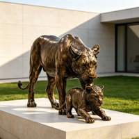 Statue de groupe de lionnes et de jeunes en bronze coulé, style nature sauvage réaliste, taille personnalisée, pour musée et galerie