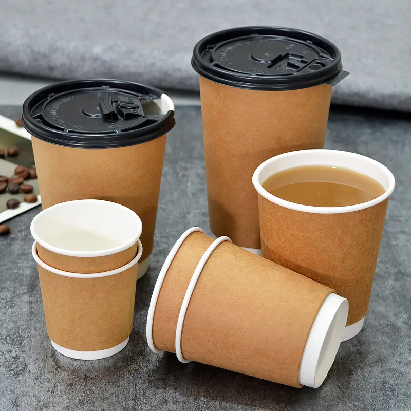 Wholesale Custom Kraft Paper Coffee Cups Packaging Single/Double/Ripple Wall Hot Drinks Water Tea Ice Lids Featuring Custom Logo