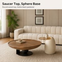 Ensemble de table basse ronde en noyer et table d'appoint crème avec support sphérique en métal et table d'appoint en verre ambré pour salon